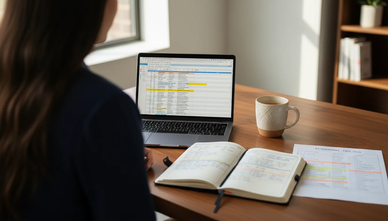 Applicant at a wooden desk planning a PA school application timeline with a laptop, planner notebook, coffee, and a printed program list with highlighter marks