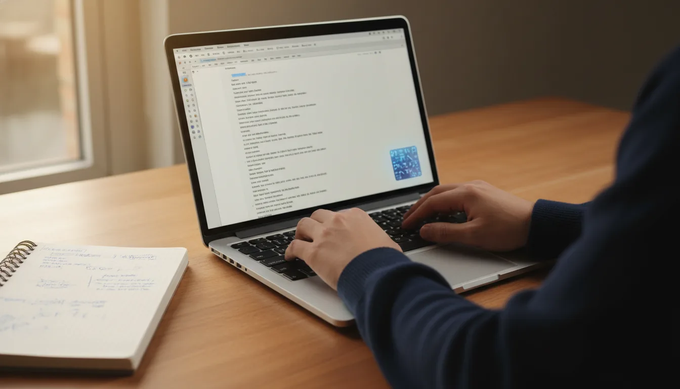 Hand writing on a yellow legal pad next to a laptop showing a personal statement document