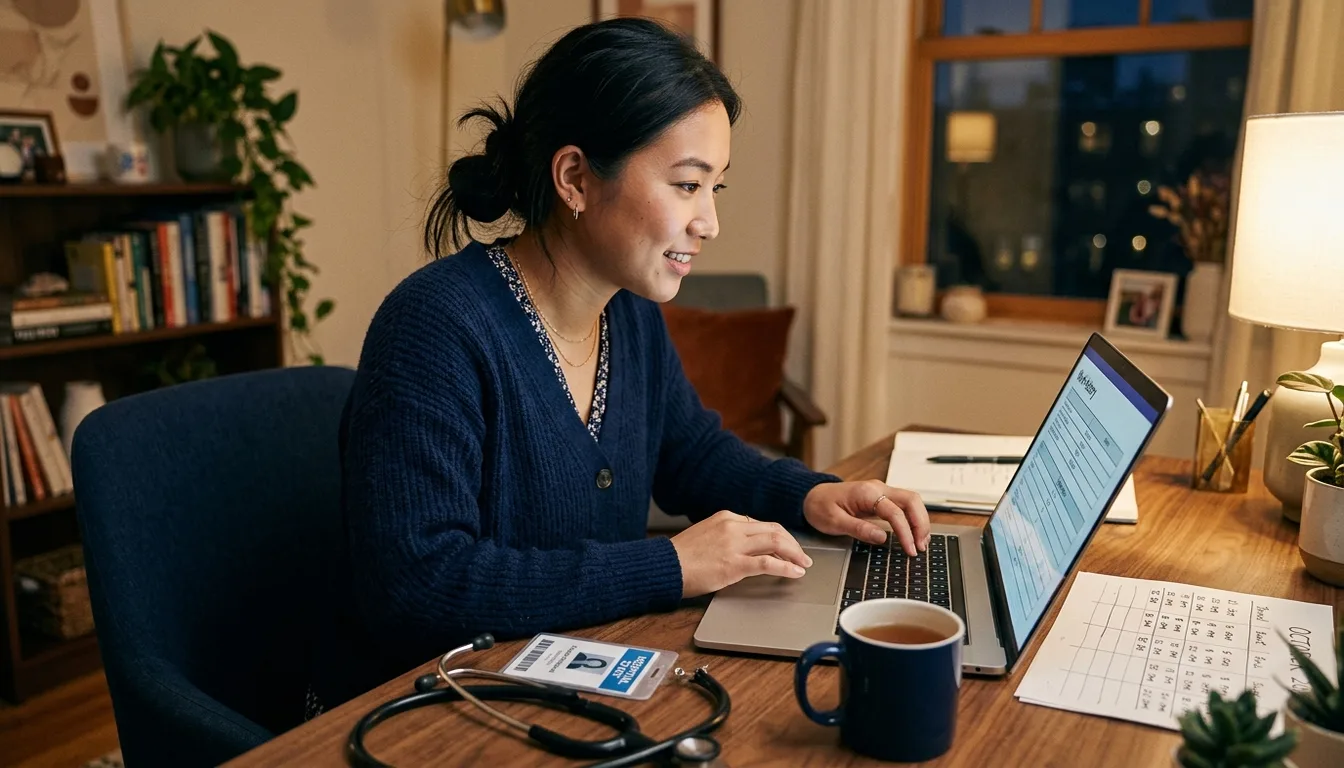 A pre-PA applicant at a home desk in the evening entering work history into a table on a laptop, hospital badge and stethoscope beside the keyboard
