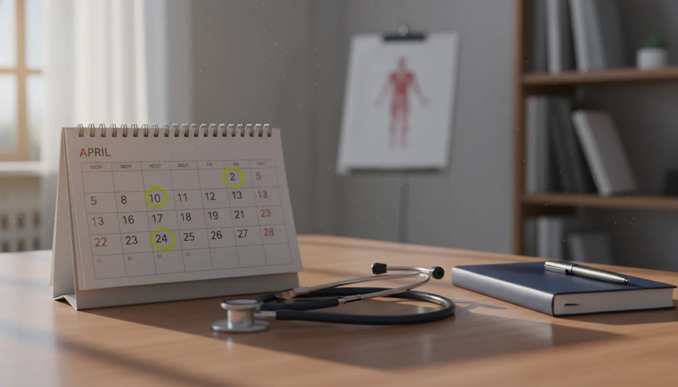 Calendar turned to April with key dates highlighted, stethoscope and navy notebook on a wooden desk in soft morning light
