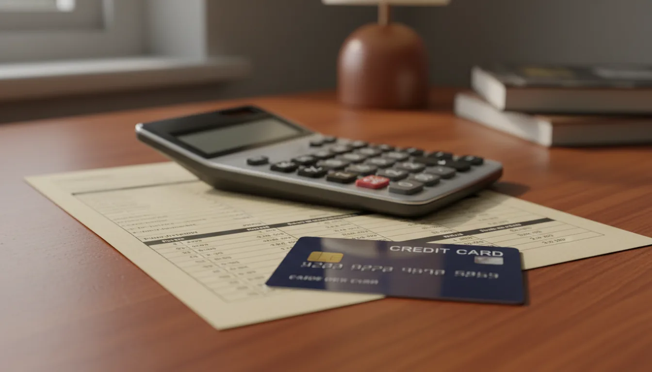 Calculator and tuition documents on a desk with a laptop