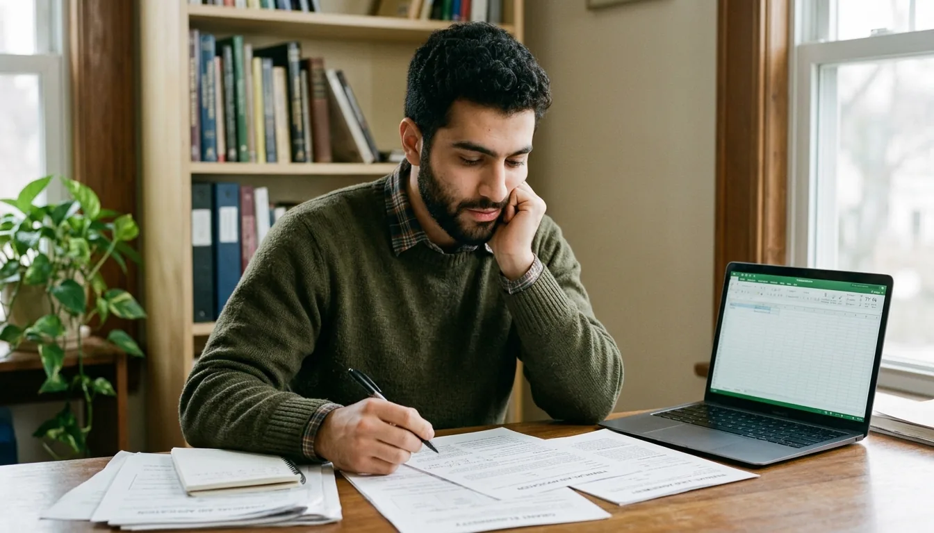 PA student reviewing loan paperwork at a desk with a calculator and a navy notebook in soft afternoon light