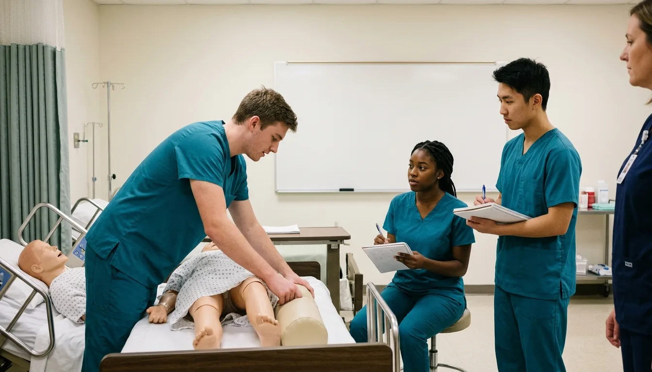 A CNA training classroom with a student practicing patient positioning on a manikin while classmates in scrubs observe and take notes