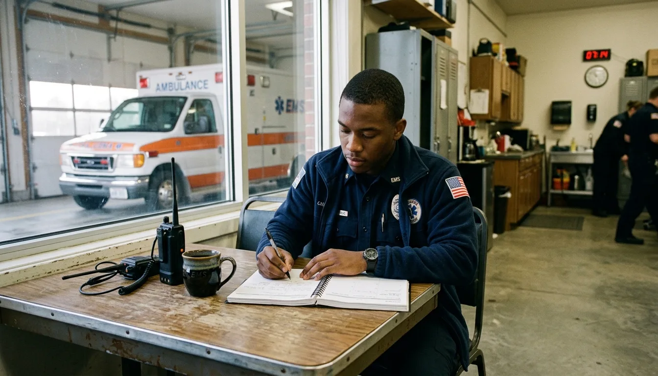 An EMT in uniform at a station crew-room table writing a plan in a paper planner between calls, ambulance visible through the bay window