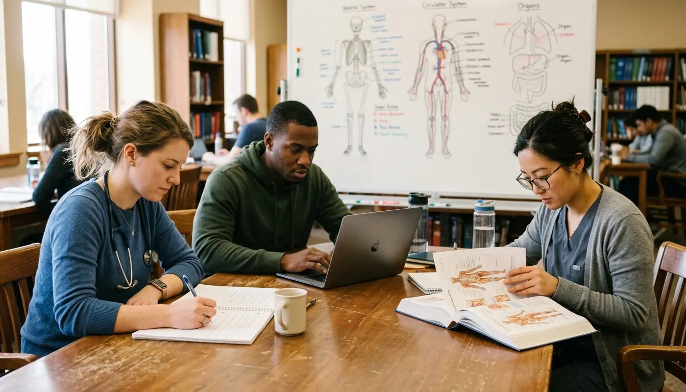 PA students studying together, organizing course material by body system on laptops and a whiteboard