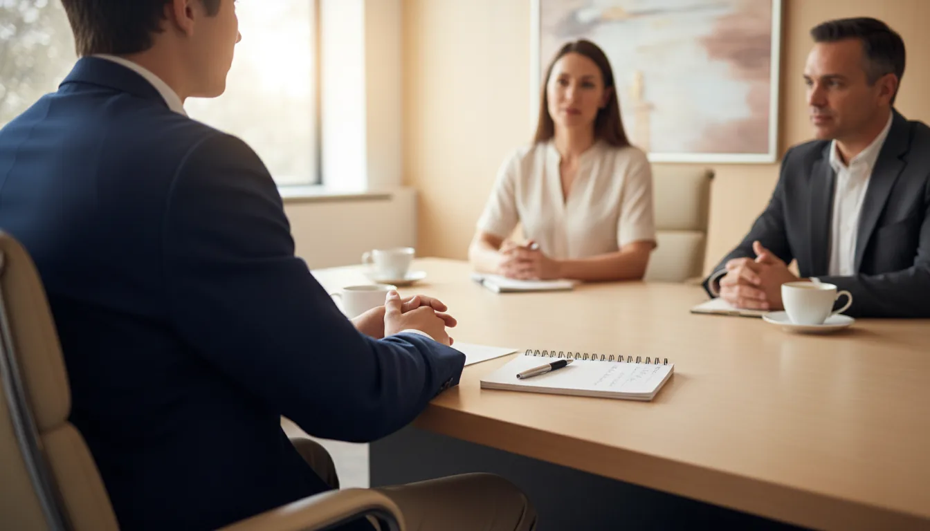Applicant in business casual sitting across from interviewers at a wooden conference table