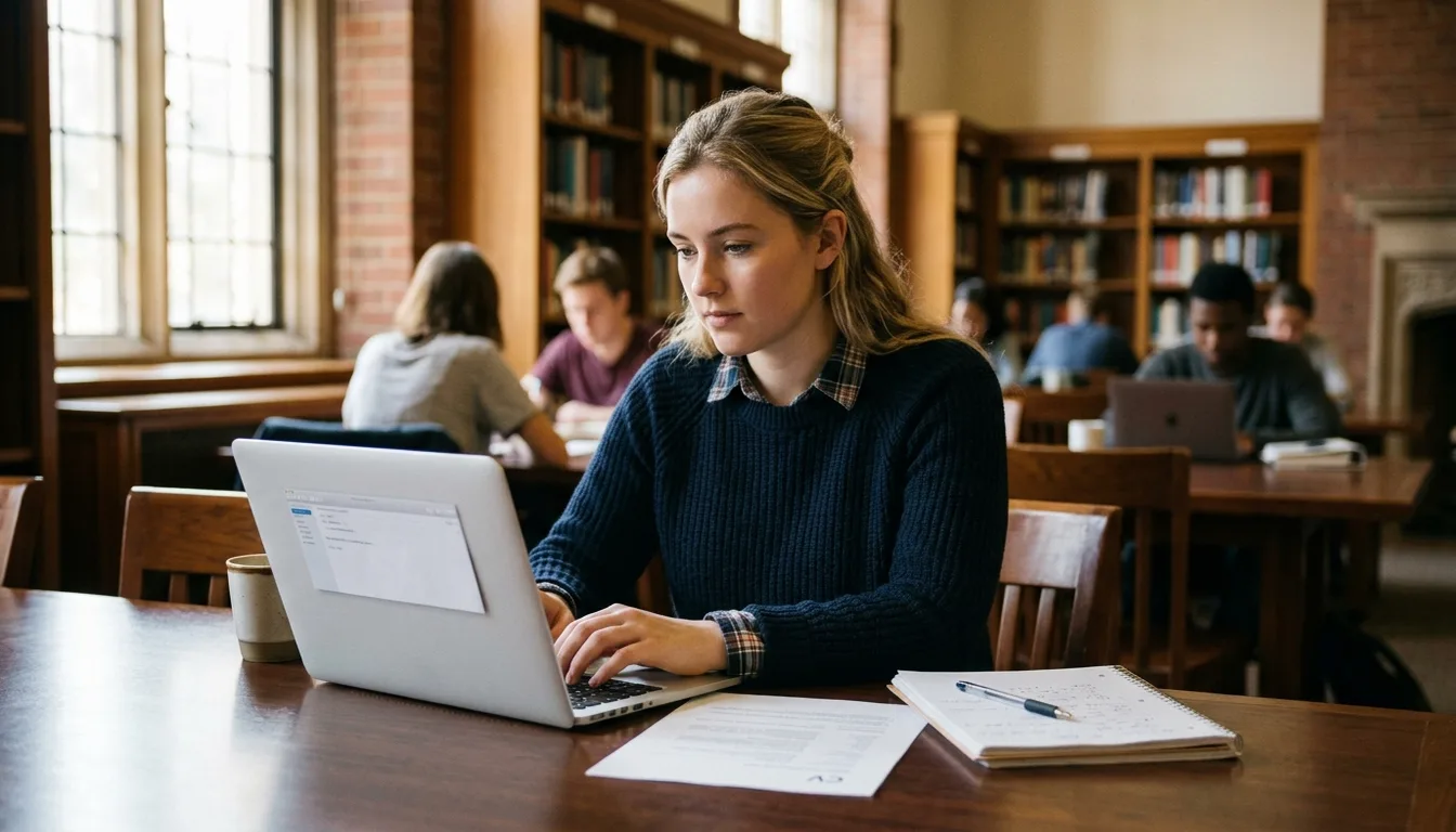 A pre-PA student in a university library drafting a letter of recommendation request email on a laptop, printed CV beside the keyboard