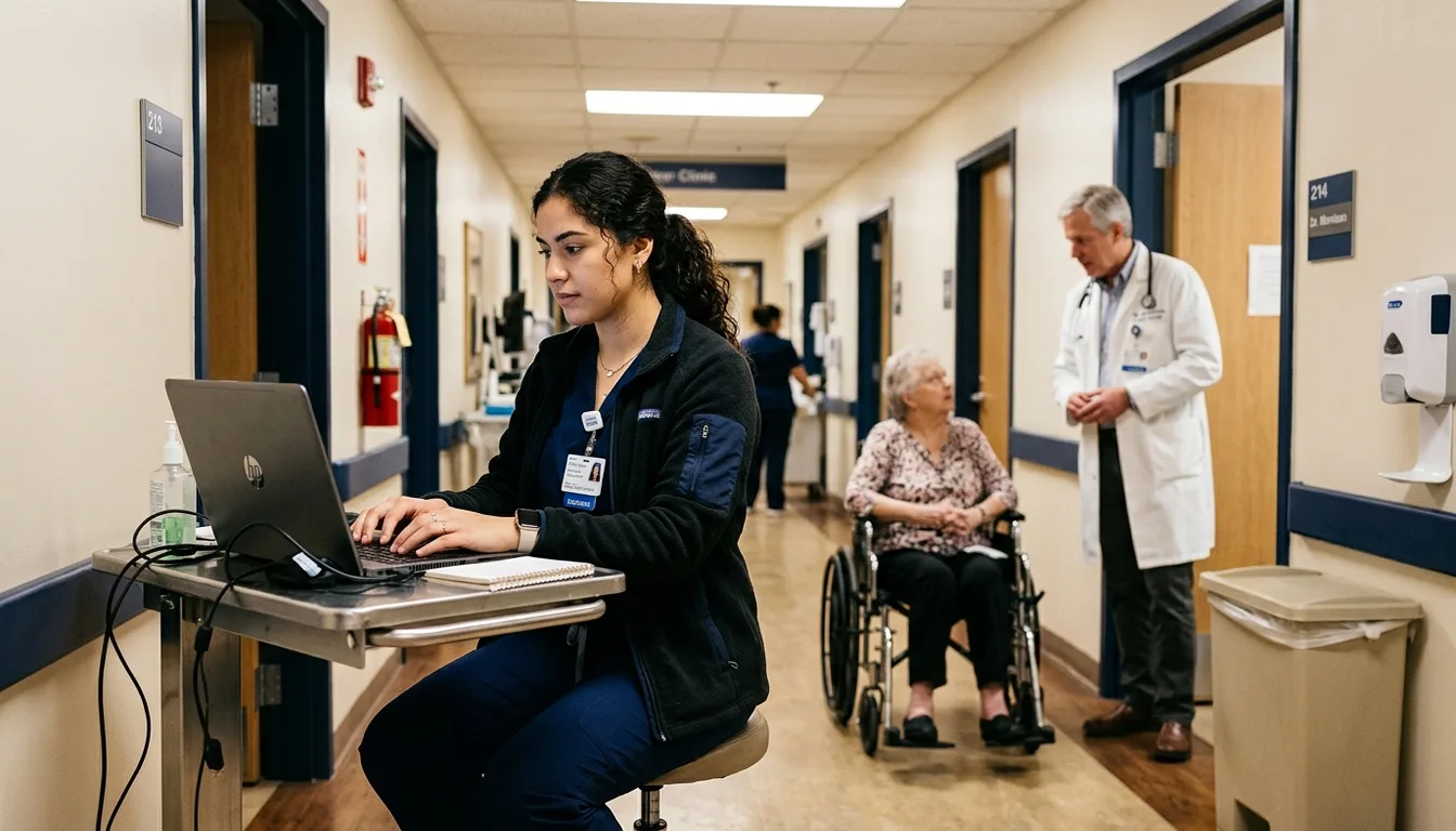 A medical scribe typing on a laptop cart in a clinic hallway while a physician speaks with a patient in the background