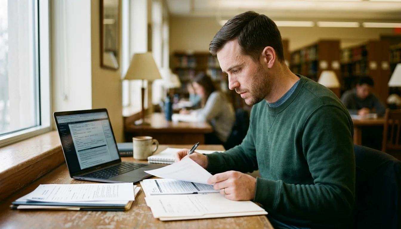 A veteran in civilian clothes reviewing PA school applications at a desk