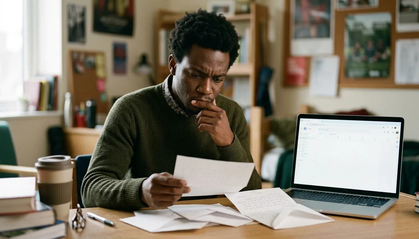 Three acceptance letters arranged on a desk with a notepad and pen