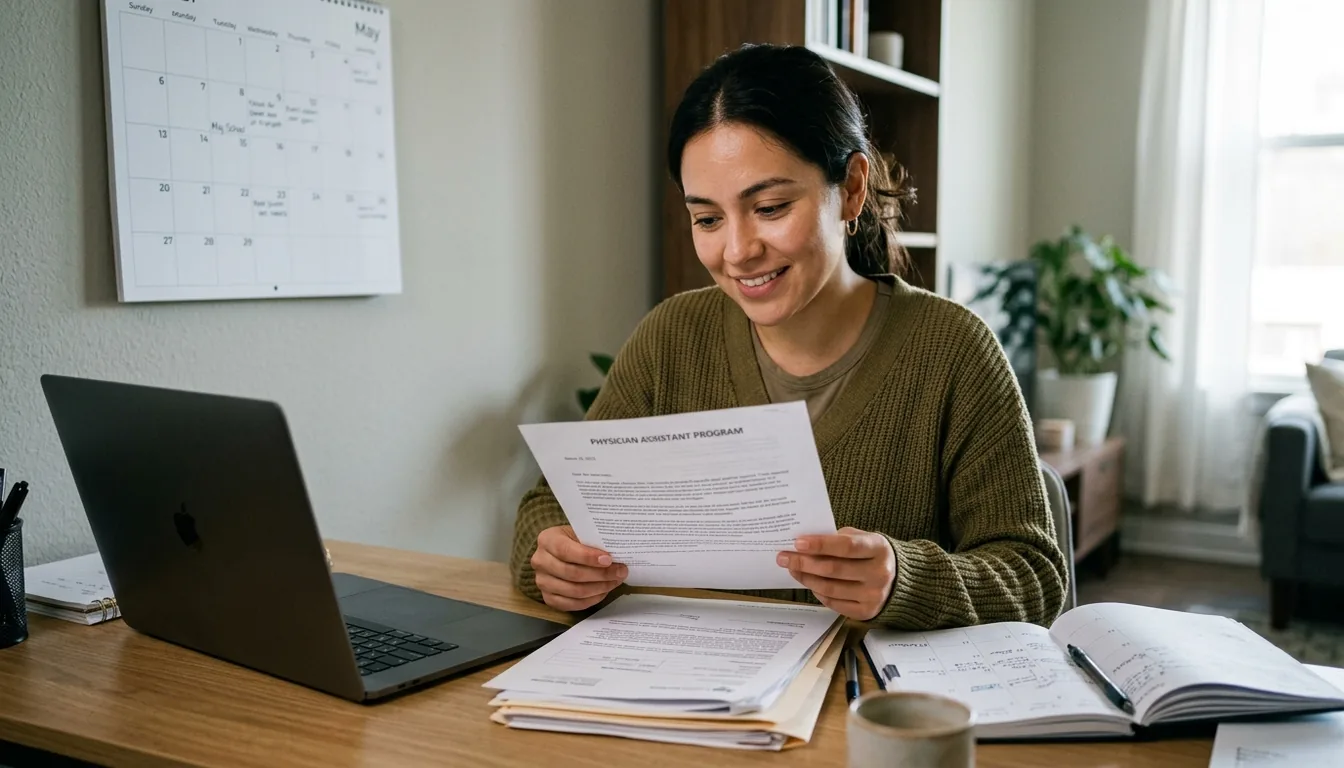 An accepted PA student organizing acceptance paperwork, a laptop, and a planner at a desk