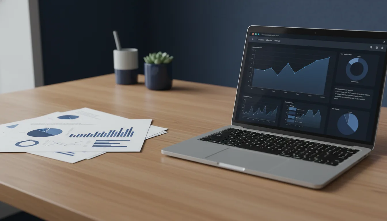 Stack of statistical reports on a desk with a laptop showing data tables