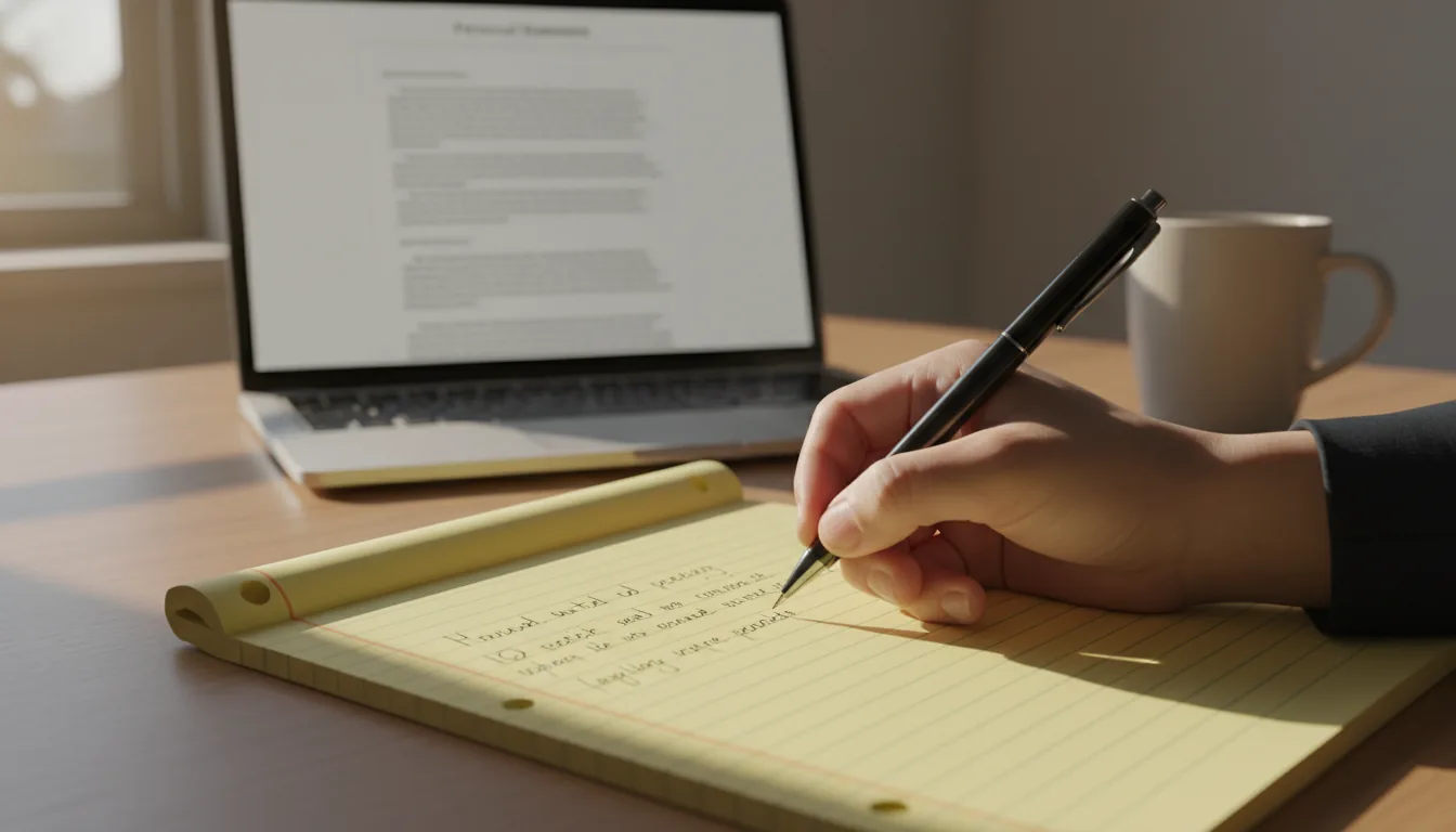 Hand writing on a yellow legal pad next to a laptop with a draft document