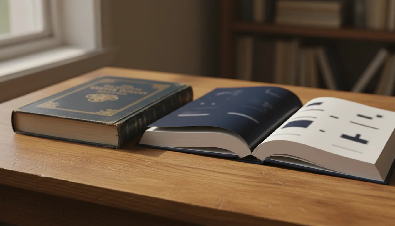 Open textbooks and notebook on a desk, soft natural light