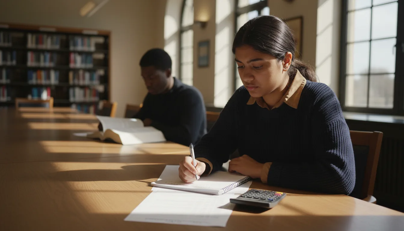 Pre-PA student working through transcripts on a campus library table