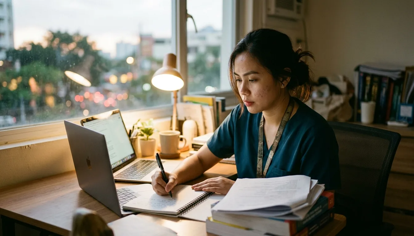 A nurse reviews PA school requirements alongside a laptop and CASPA materials