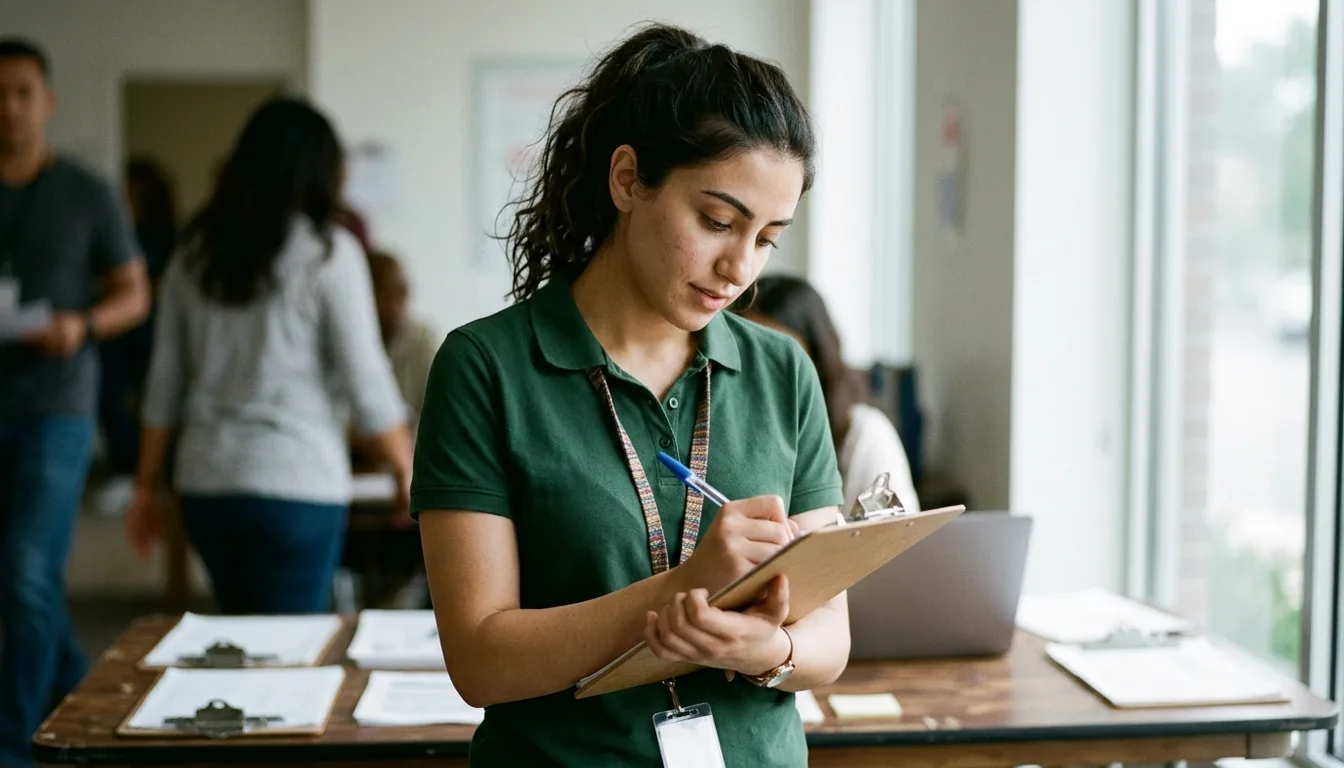 A volunteer at a community health clinic helping check in patients